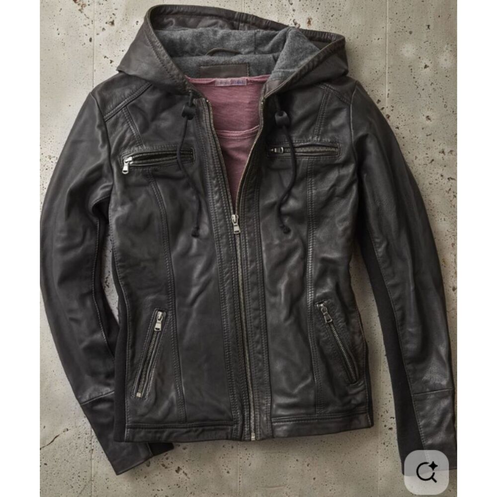 Carbon 2 Cobalt Genuine Lambskin Leather Hooded Jacket Stretch Panels M